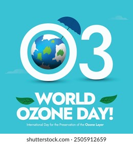 World Ozone day banner, background, post. 16th September International day for the preservation of the Ozone layer with earth globe inside O letter protecting by an umbrella. Conceptual banner.