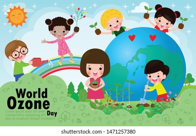 World Ozone Day, children love for the Earth and care for the environment, save the planet, save the world, ecology concept vector illustration isolated on background Template for advertising brochure