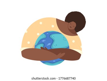 World ozone day concept, african american woman hugging the globe. Planet protection illustration isolated on white background