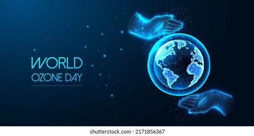 World Ozone Day Concept Banner With Hands Caring For Planet Earth And Ozone Layer On Blue Background