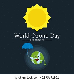 World ozone day design background. Vector illustration of a cute earth character holding an ozone umbrella to protect the earth from ultraviolet radiation from the sun. September 16.