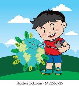 World Ozone Day, The design concept of Earth Day, Love for the Earth and care for the environment, A boy hugging the earth 