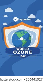 A World Ozone Day design featuring a shield around Earth, symbolizing the protection of the ozone layer, set against a blue background with clouds and text highlighting the event on 16th September