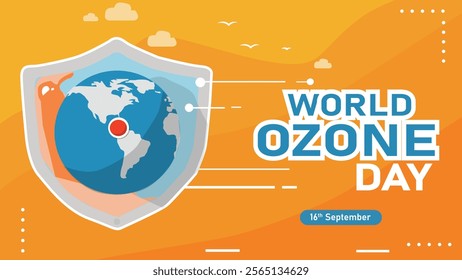 A World Ozone Day design featuring a shield around Earth, emphasizing the protection of the ozone layer, with text highlighting the event on 16th September