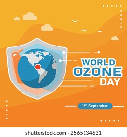 A World Ozone Day design featuring a shield around Earth, emphasizing the protection of the ozone layer, with text highlighting the event on 16th September