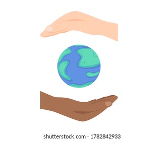 Día mundial del ozono, globo y manos humanas multiétnicas aisladas en fondo blanco, ilustración vectorial