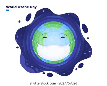 World Ozone Day illustration at 16 September with earth wearing face mask. International Day for the Preservation of the Ozone Layer. Can be used for poster, banner, greeting card, web.