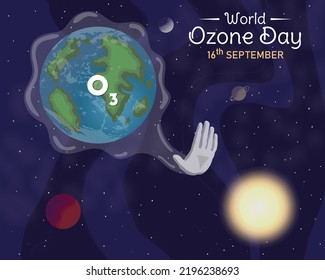 World Ozone Day Realistic Design Vector Illustration. September 16 celebration and awareness graphic. Sun earth Galaxy space horizontal background. Social media post, website header, graphic resource