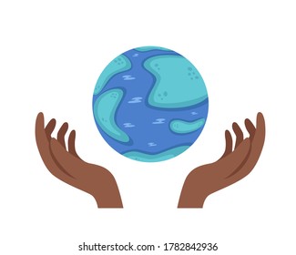 World Ozone Day. Vector illustration of globe and african american hands isolated on white background