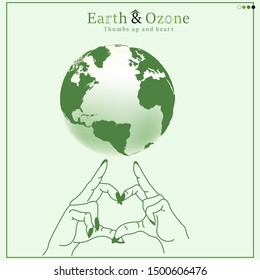 World ozone day.Thumbs up and heart love the world and green background; concept of promise love the world.Vector illustration