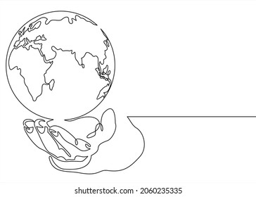 World in the palm of hand one line drawing on white isolated background. Vector illustration