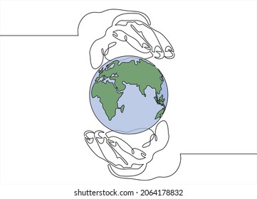 World in the palm of hand one line drawing on white isolated background. Vector illustration