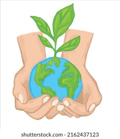 The world in the palm and new saplings on it. A sapling is growing on the earth globe. The planet earth and the growing sapling in the palm of man