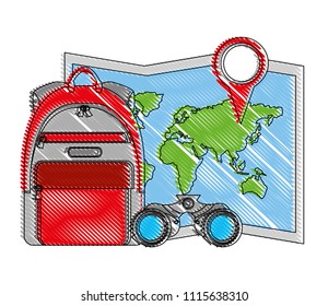 world paper map with binoculars and handbag