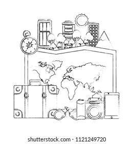 world paper map with cityscape and travel icons