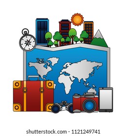 world paper map with cityscape and travel icons