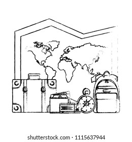 world paper map with set tourism icons