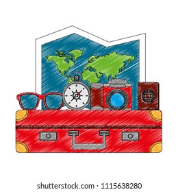 world paper map with set tourism icons