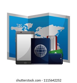 world paper map with set tourism icons