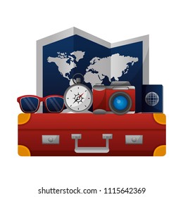world paper map with set tourism icons