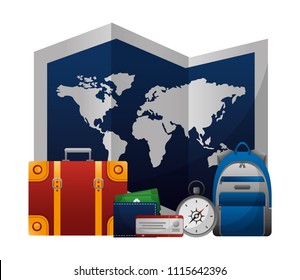 world paper map with set tourism icons