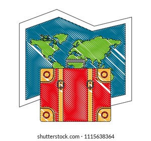 world paper map with suitcase
