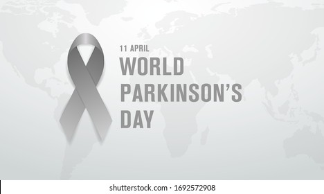 World parkinson's day april 11th greay banner with greay awareness ribbon and world map in the background. 