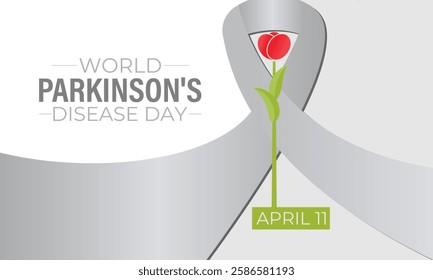 World Parkinson's Day is on 11 April. A mix of red tulips, brain illustrations and Realistic Ribbon. Banner poster, flyer and background design template. Vector illustration. Eps 10.