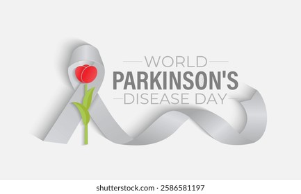 World Parkinson's Day is on 11 April. A mix of red tulips, brain illustrations and Realistic Ribbon. Banner poster, flyer and background design template. Vector illustration. Eps 10.