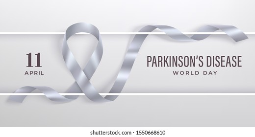 World Parkinson's disease day card with silver photorealistic ribbon and white frame on a light background. Silver ribbon day