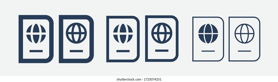 World passport with line vector minimalistic icon. Legal tourism pay vector symbol. Document cover icons set for web design. Travel concept flat icons for app design. Id emigration sign