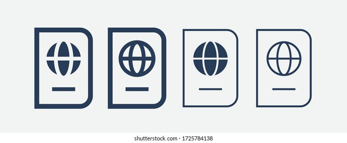 Pasaporte mundial con icono minimalista de vector de línea. El turismo legal paga el símbolo vector. Iconos de portada de documentos establecidos para el diseño web. Iconos planos de concepto de viaje para el diseño de aplicaciones. Identificación del signo de emigración