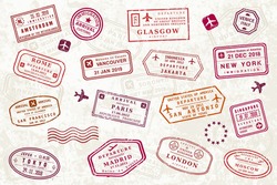 World Passport Stamp Collection. Vector Illustration Old Style Travel Passport Stamps. Novelty Stamps (not Official Versions).