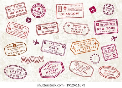 Colección de sellos de pasaporte mundial. Ilustración de vectores sellos de pasaporte de viaje de estilo antiguo. Sellos de novedad (no versiones oficiales).