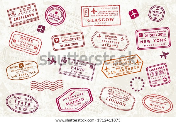 World passport stamp collection. Vector\
illustration old style travel passport stamps. Novelty stamps (not\
official versions).
