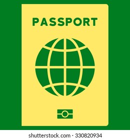 World Passport vector icon. Style is flat yellow symbol, rounded angles, green background.