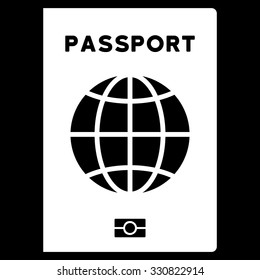 World Passport vector icon. Style is flat white symbol, rounded angles, black background.