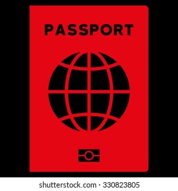 World Passport vector icon. Style is flat red symbol, rounded angles, black background.