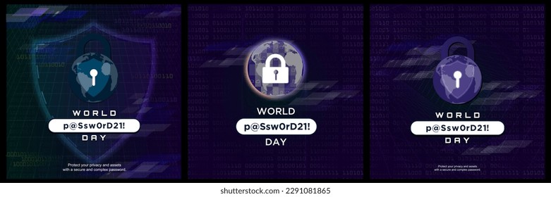 World Password Day Card Poster Set, celebrated on May 4. Padlock with mapp of earth to represent cyber security. Vector Illustration. EPS 10.