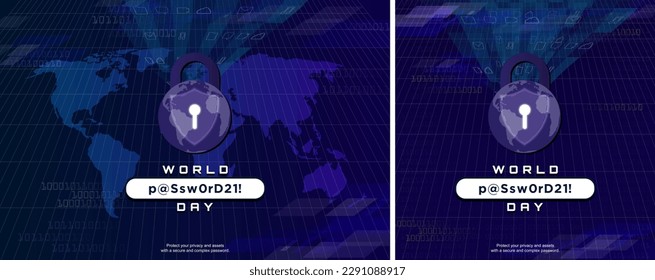 World Password Day Design Banner. Globe Padlock for cyber security. Complex password typography. Protect your privacy and assets with a secure and complex password. Vector Illustration. EPS 10