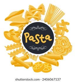 World Pasta Day. Congratulatory text made from pasta on a background of different types of Italian pasta. Poster, vector