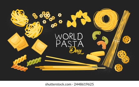 World pasta day poster design with different kinds of macarons on dark background with lettering.
