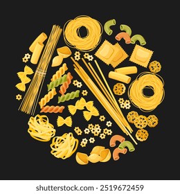 World pasta day poster design with different kinds of macarons on dark background.