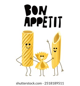 World pasta day poster. Macaroni pasta noodles vector flat character. Abstract pasta posters with Italian food for the kitchen. Macaroni of different shapes and sizes. Bon appetite 