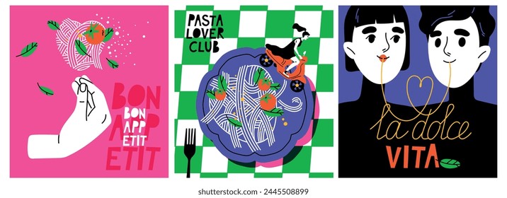 World pasta day poster set. Collection of abstract banners with characters eating spaghetti. Traditional Italian food. Cafe menu design. Cartoon flat vector illustrations isolated on white background