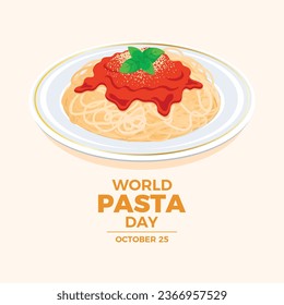 Ilustración vectorial del afiche del Día Mundial de la Pasta. Placa de espagueti con salsa de tomate, queso y hoja de albahaca vector icono. Pasta en un dibujo de plato. 25 de octubre cada año. Día importante