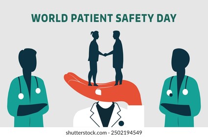 World Patient Safety Day 17 September. Dr. with stethoscope, hand, Advances Global Awareness, Collaboration, and Commitment to Safer Care Practices. Elevating Healthcare Standards vector illustration 