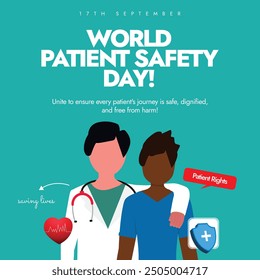 Welttag der Patientensicherheit. 17. September Patient Safety Awareness Tag Social Media Post mit einem Arzt umarmt einen Patienten. Sensibilisierung für Patientenrechte. Patienten im Krankenhaus.