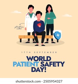 World Patient Safety day banner, social media post. 17th September Patient safety day banner with a doctor, nurser and sick person  characters. Theme for 2024 is Improving diagnosis for patient safety