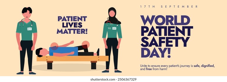 World Patient Safety day cover banner, social media post. 17th September Patient safety day banner with two nurses and sick person characters. Theme for 2024 is Improving diagnosis for patient safety